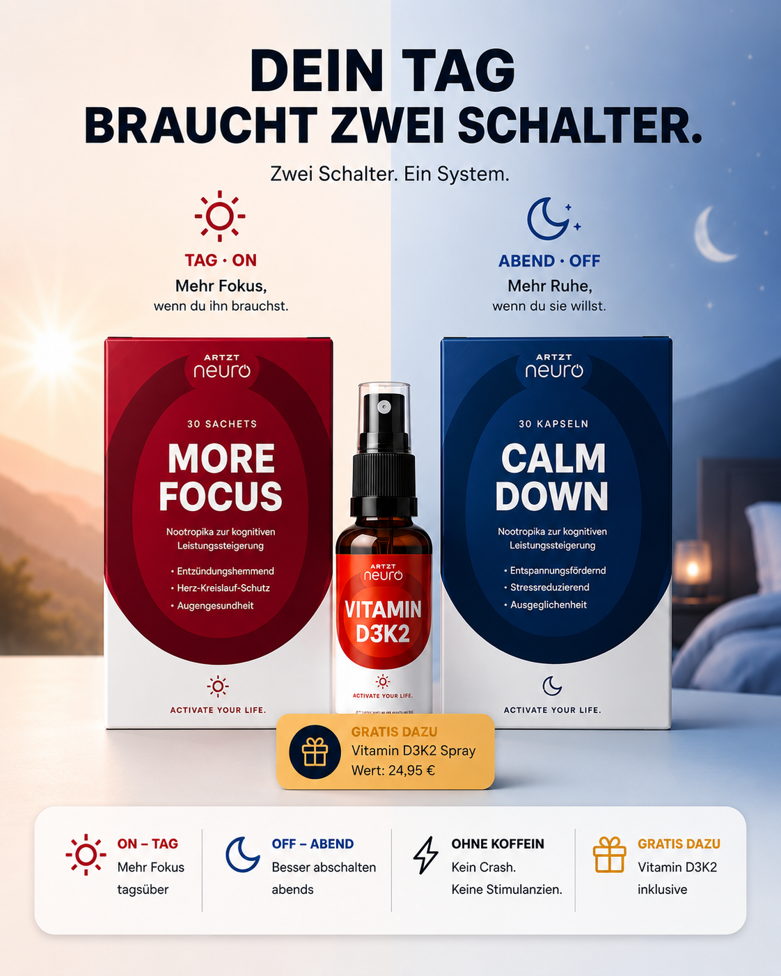 ARTZT neuro Set: More Focus + Calm Down + Vitamin D3K2 gratis