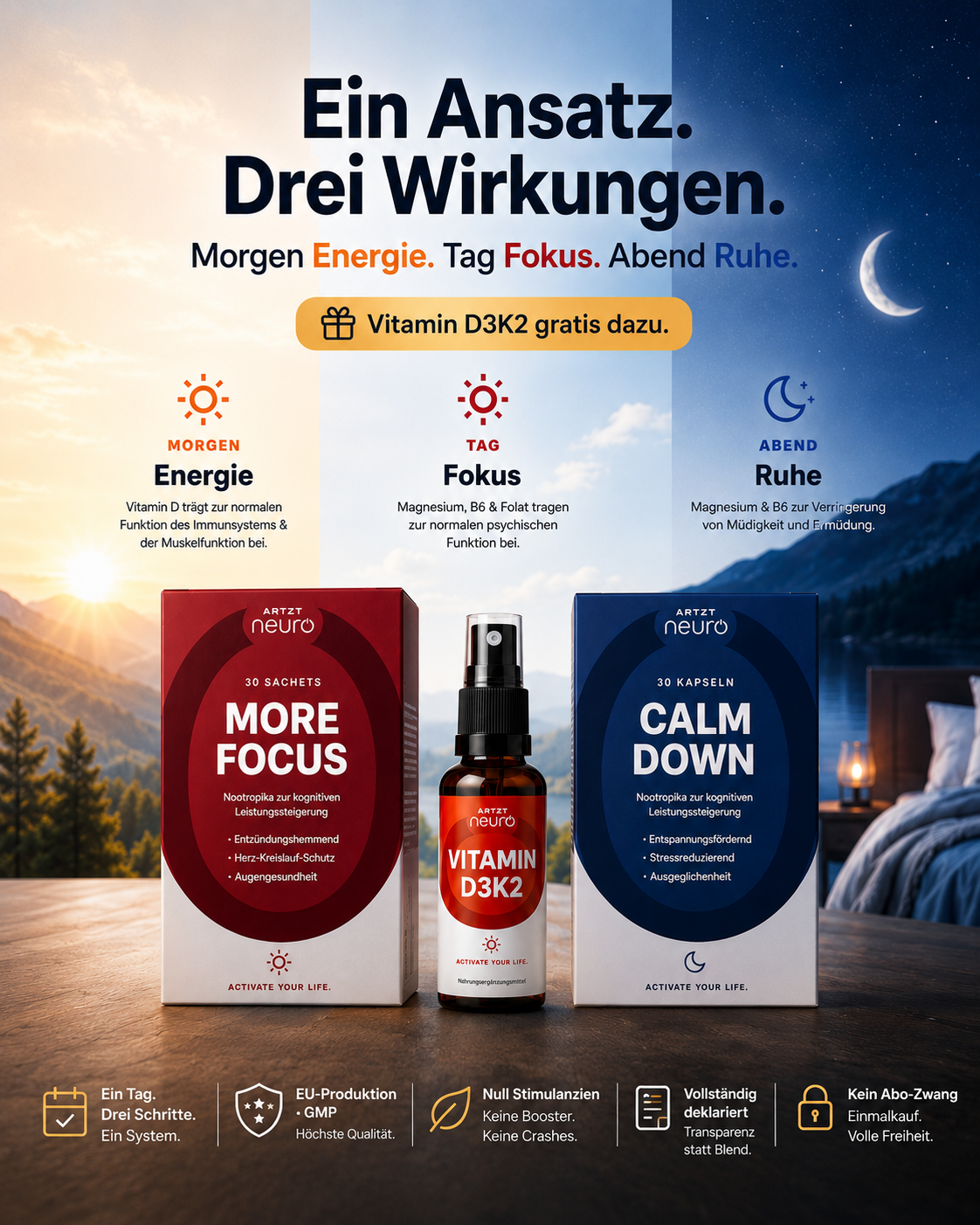 ARTZT neuro Set: More Focus + Calm Down + Vitamin D3K2 gratis